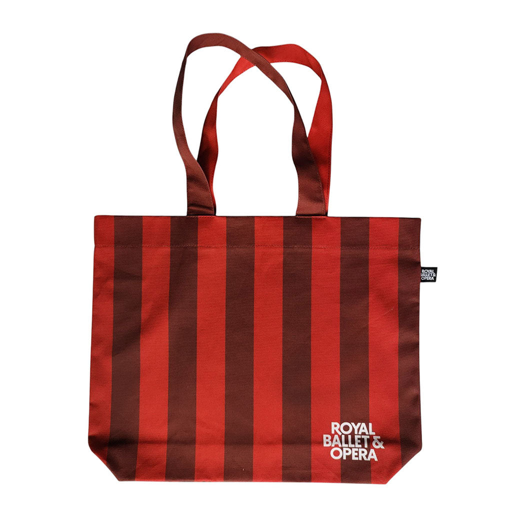 Red and brown striped Hetiatge Shopper with &#39;Royal Ballet &amp; Opera&#39; text on a white background