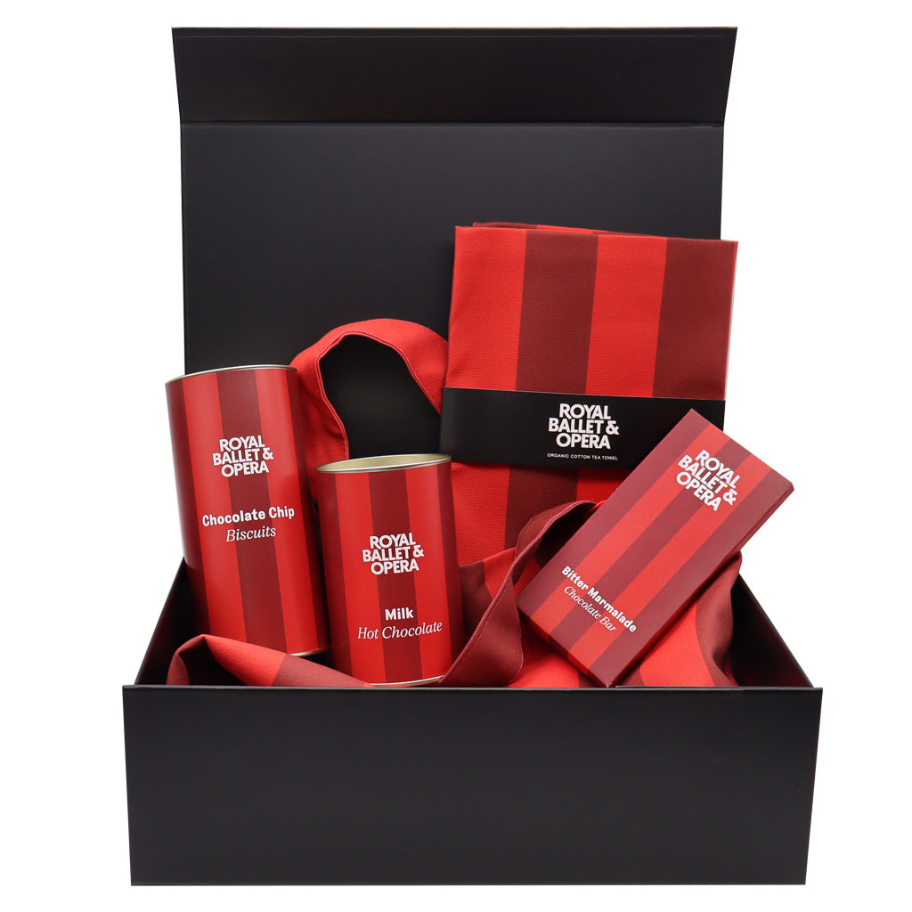 Heritage Gift Box with the RBO wallpaper design, it includes a tote, tea towel, chocolate bar, and tins for biscuits and Hot Chocolate