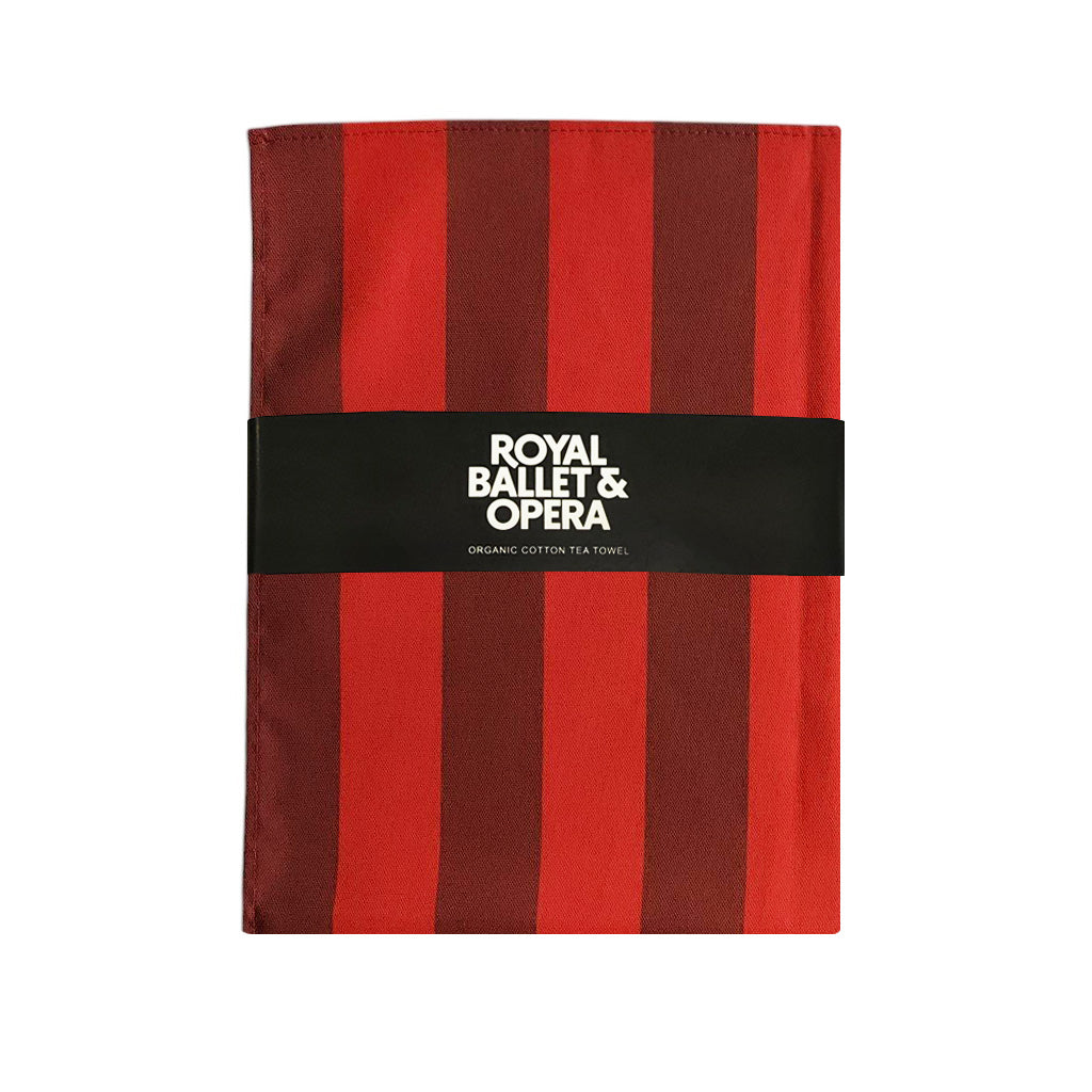 Red and brown RBO striped tea towel with &#39;Royal Ballet &amp; Opera&#39; branding on a white background