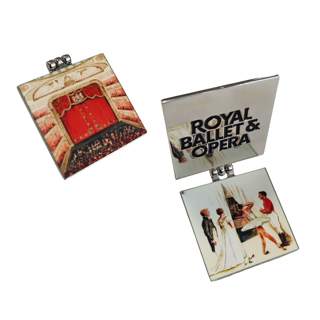Hinged pin badge featuring the red velvet curatins on the front and a curtain call scene inside