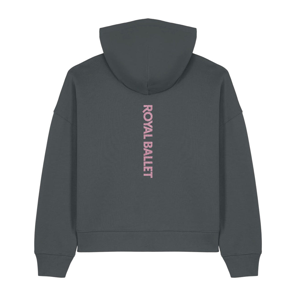Dark gray hoodie with 'Royal Ballet' text on the back against a white background