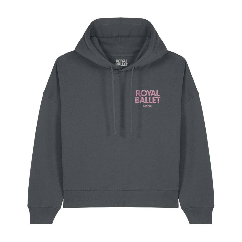 Grey Cropped hoodie with 'ROYAL BALLET LONDON' text on the front against a white background