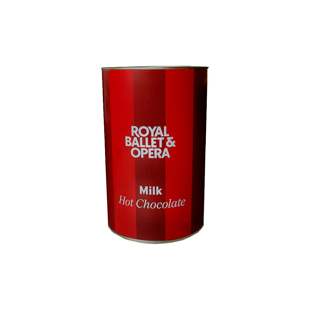 Red canister of Royal Ballet &amp; Opera milk hot chocolate on a white 