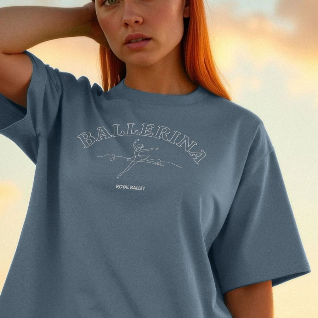 black oversized t-shirt with white text BALLERINA ROYAL BALLET with dancer illustration on a white background