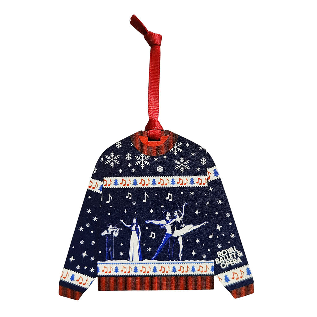 RBO Christmas Jumper bamboo decoration featuring ballet dancers, an opera singer and violinist on a white background
