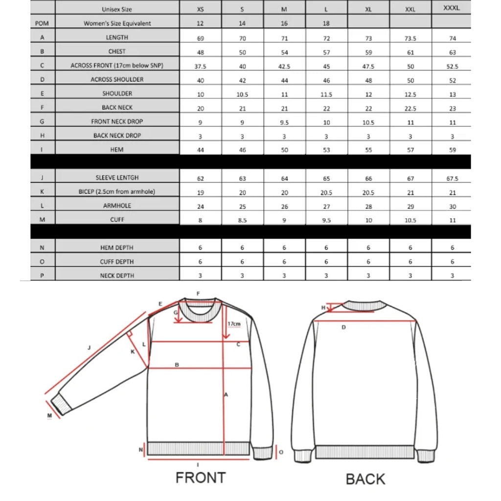 A size chart and measurement guide for a Jumper, showing a size table from XS to XXXL with measurements in centimeters and a front/back measurement diagram with labeled dimensions.