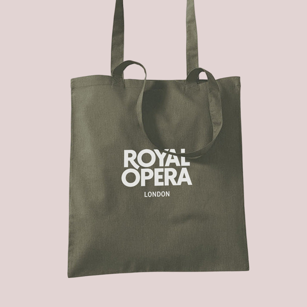 Green tote bag with 'Royal Opera London' text on a white background