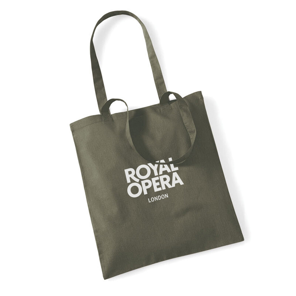 Green tote bag with &#39;Royal Opera London&#39; text on a white background