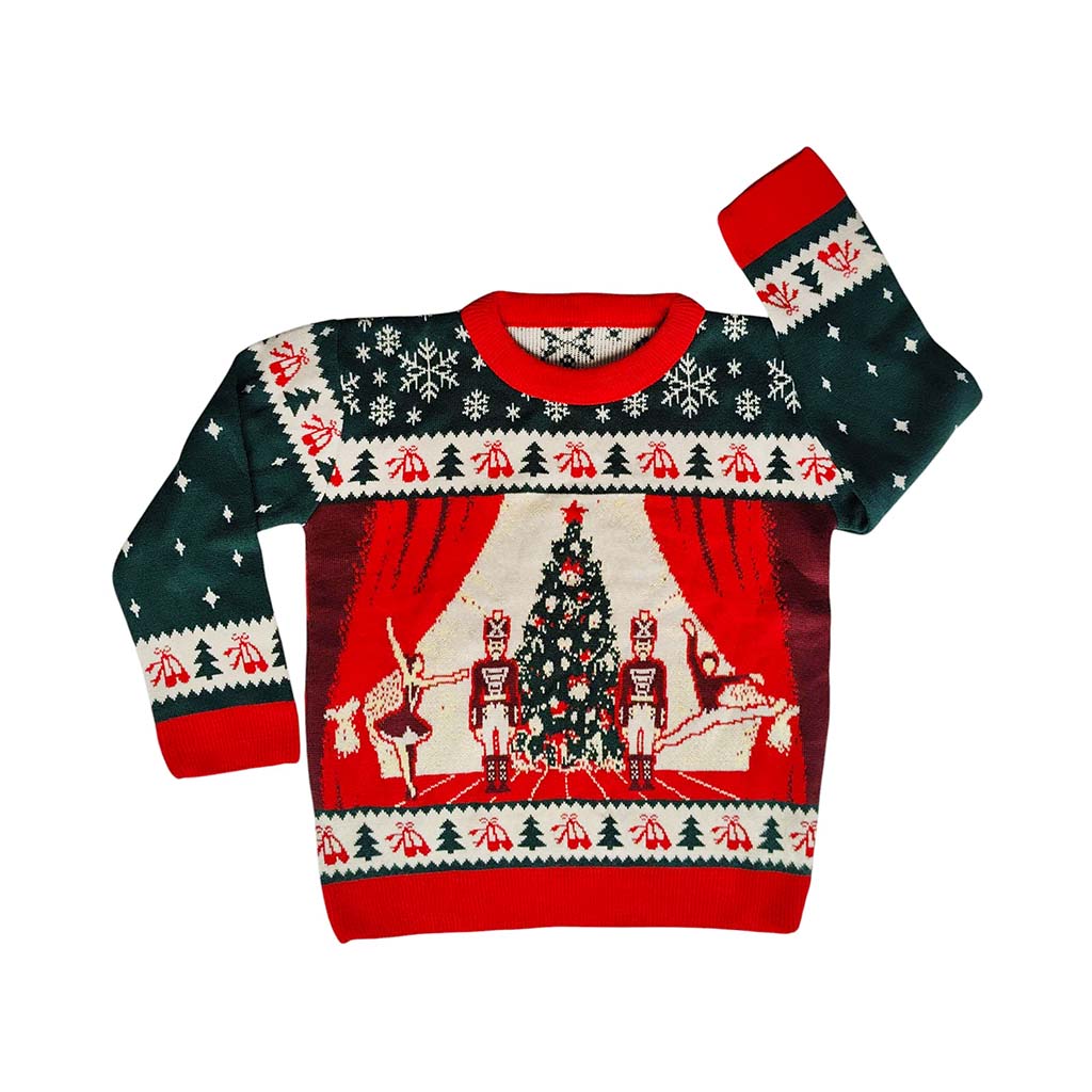 RBO Christmas-themed children&#39;s jumper with festive Nutcracker design on a white background