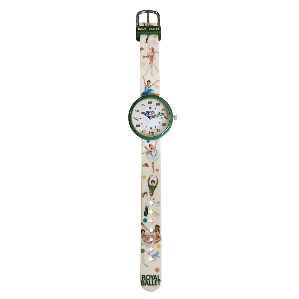 Children's watch with in green and cream with ballet illustrations on a white background