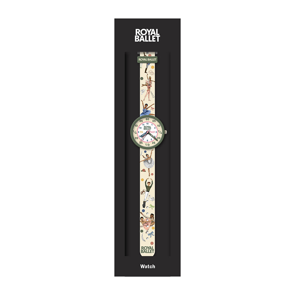 Children's watch with in green and cream with ballet illustrations on a white background