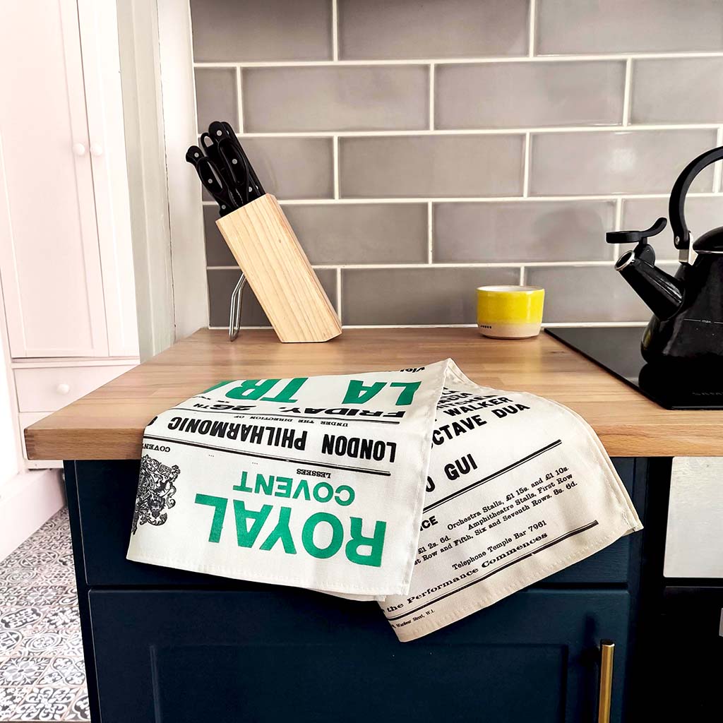 La Traviata Tea Towel on kitchen counter top