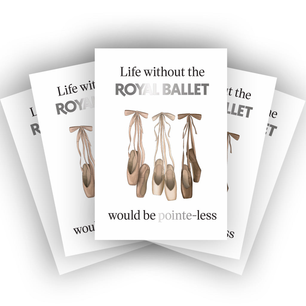 Bundle of five greeting cards with ballet shoes and text on a white background