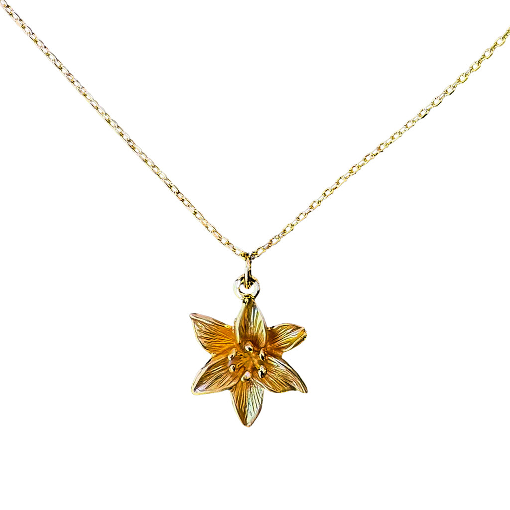 Gold necklace with a lily pendant on a white background