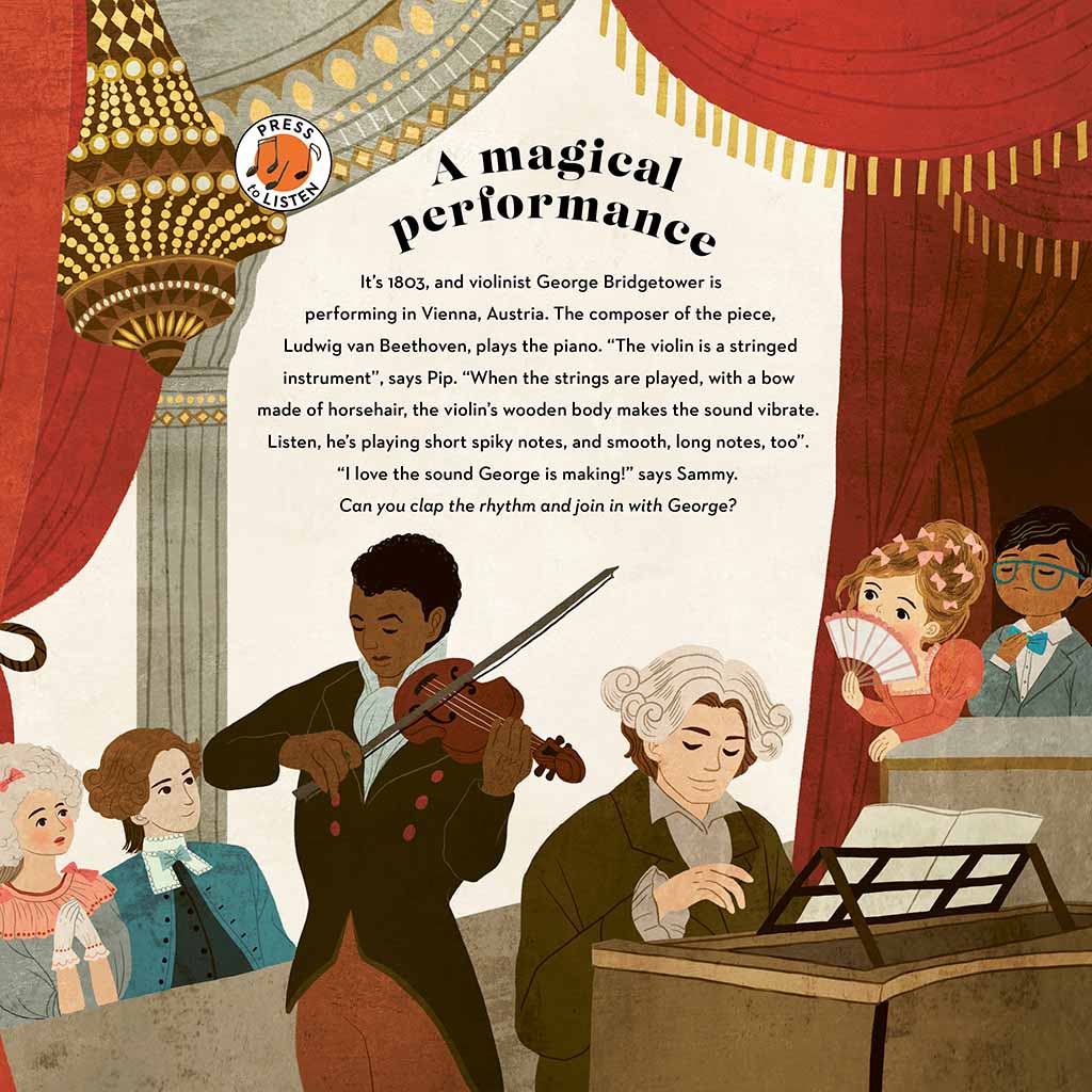 illustrations and text inside Listen to the Music Book: The Instruments