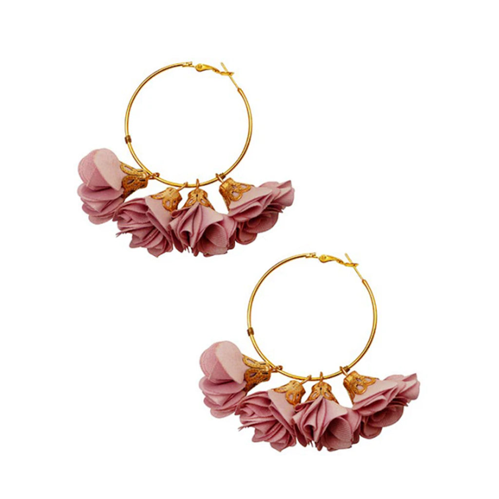 gold coloured hoop earrings with pink flowers on a white background