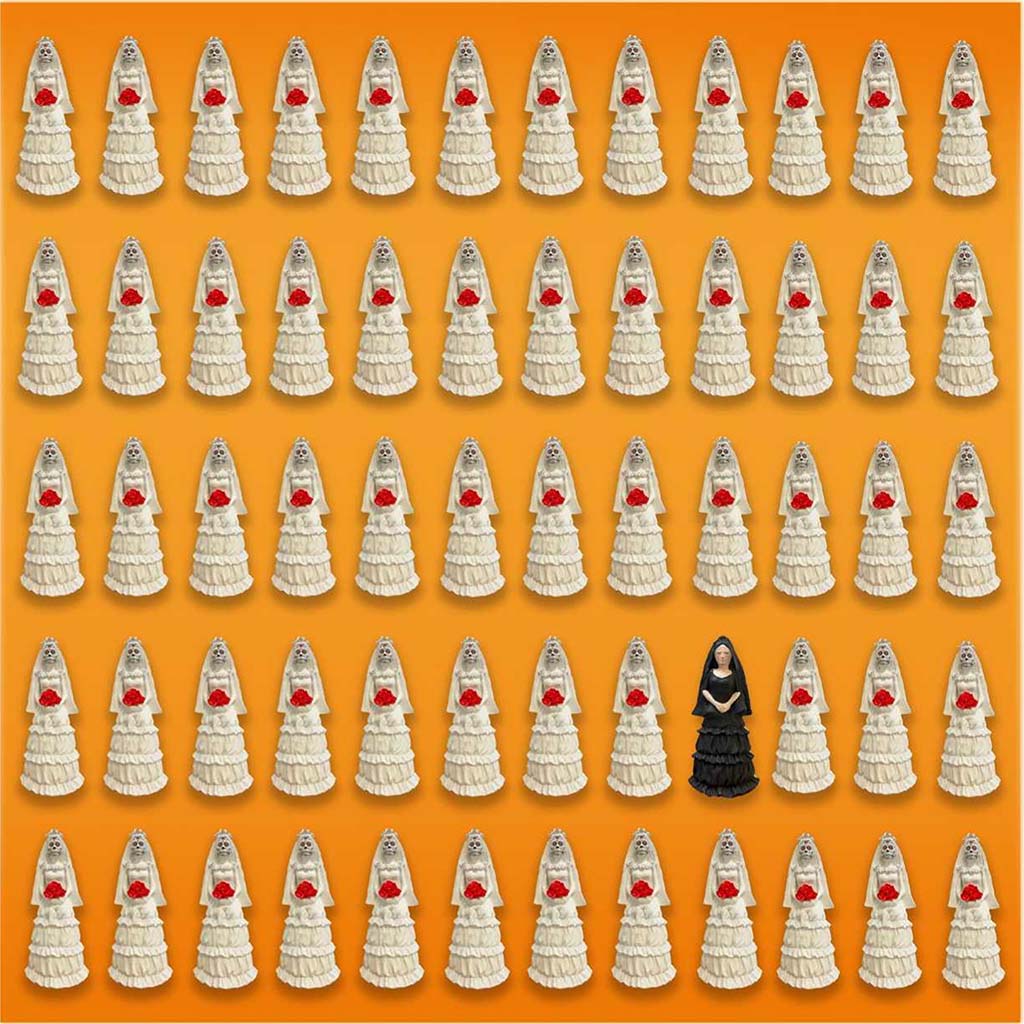 Close up of the Like Water for Chocolate Print with pattern of white Catrinas with red roses on an orange background, featuring a single black figure.