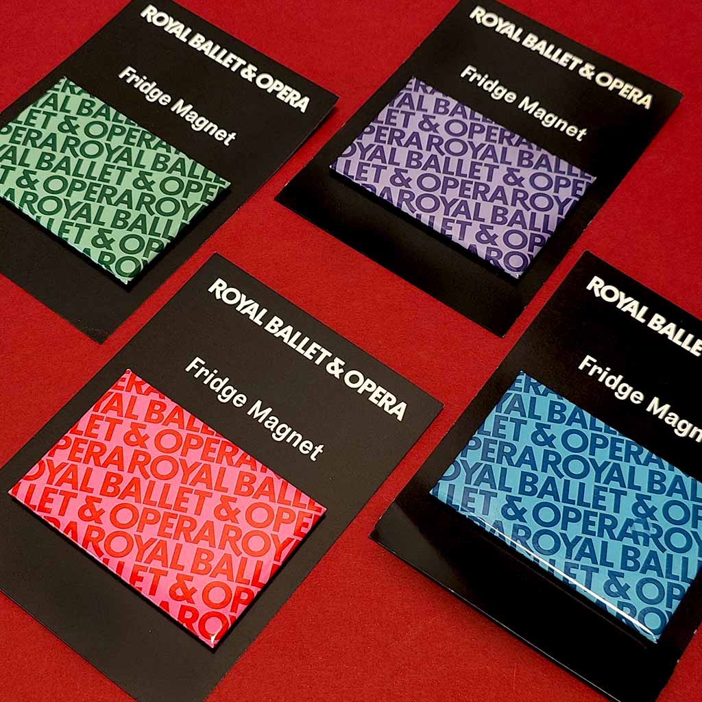 Set of Royal Ballet &amp; Opera fridge magnets on a red background
