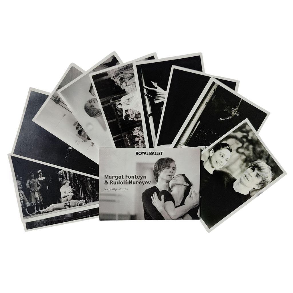 Collection of black and white postcards featuring dancers Fonteyn and Nureyev around central pack with text &#39;Royal Ballet Margot Fonteyn and Rudolf Nureyev&#39;