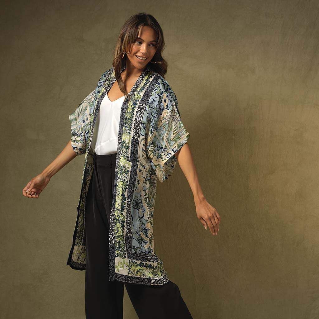Tapestry Sea Blue Midi Kimono on Model
