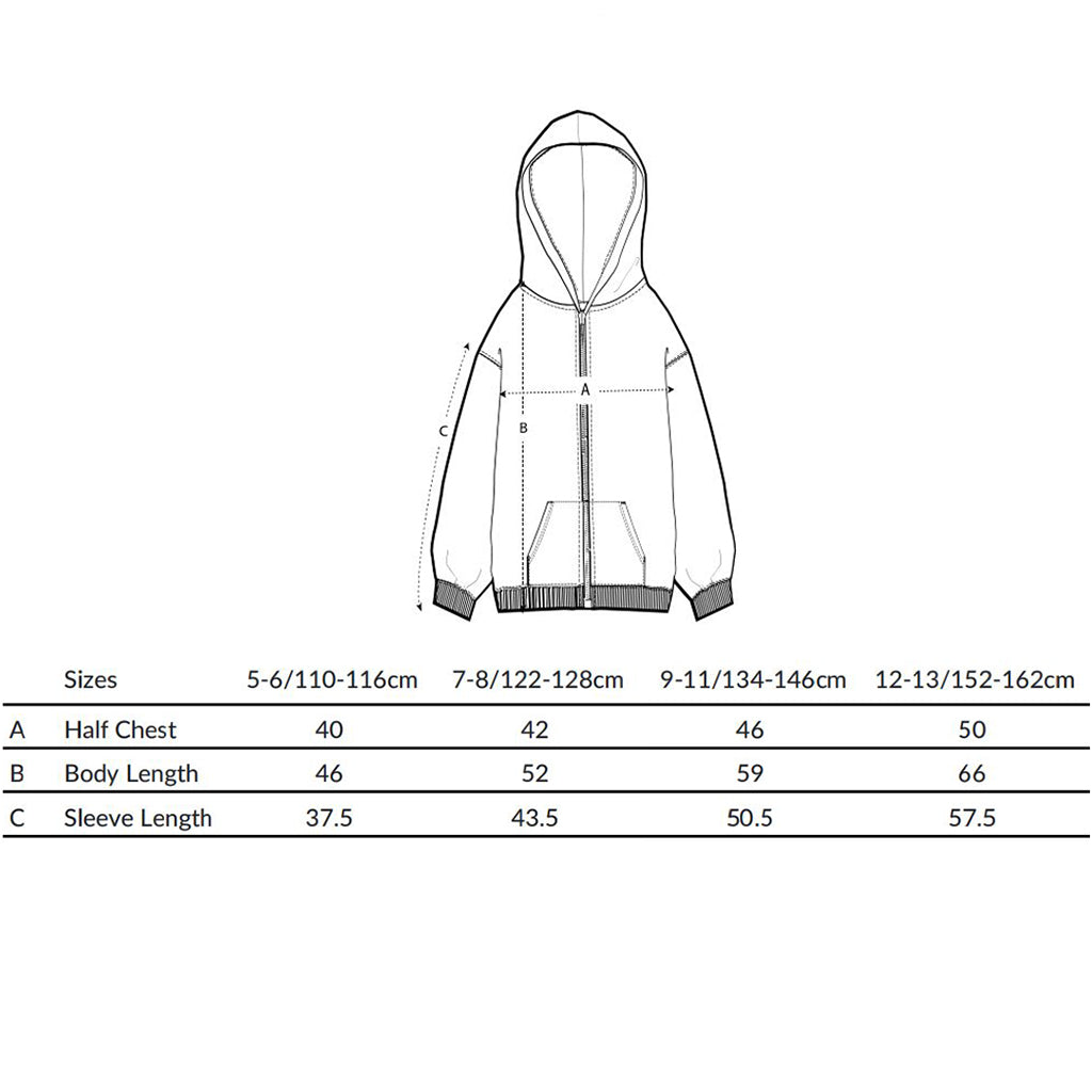 Royal Ballet Mini Zip Hoodie size chart