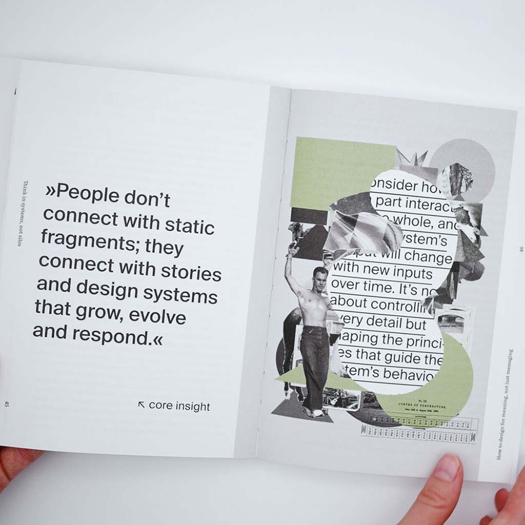 Open book with text and images on a white background