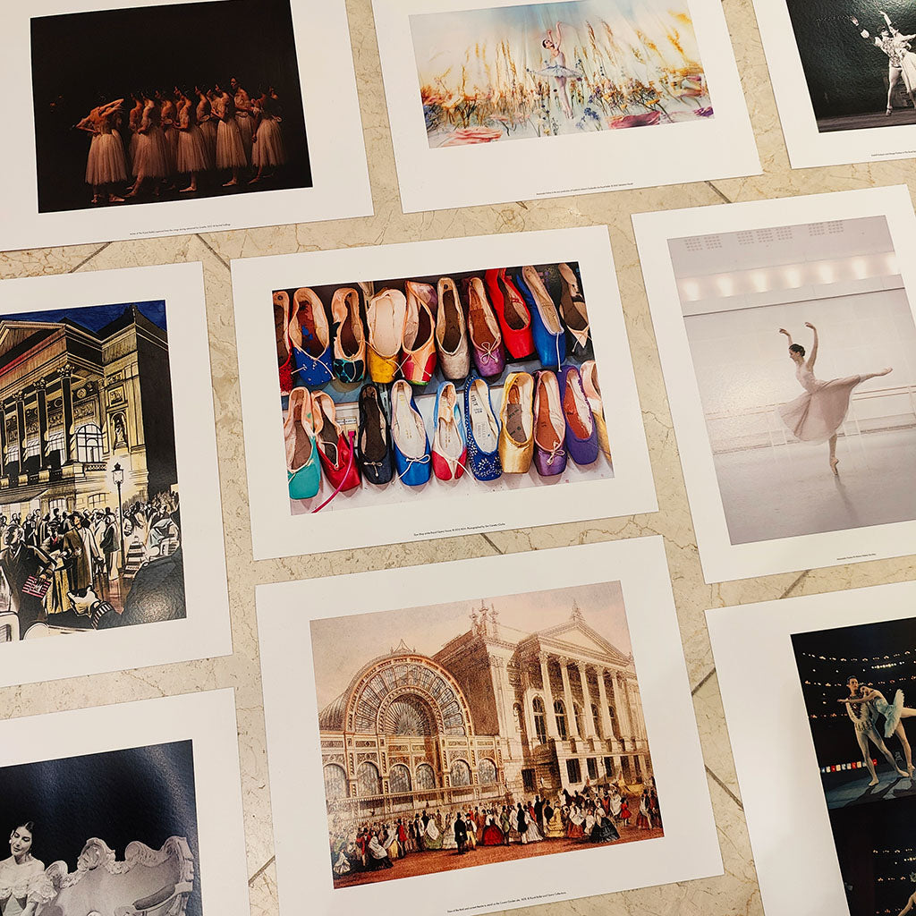 a selection of mini prints of ballet shoes. dancers, the royal opera house and Maria Callas