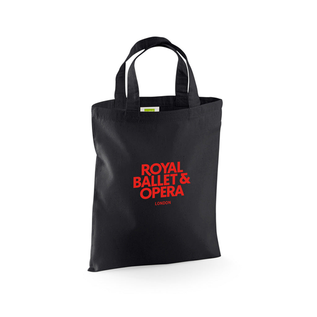 Small black tote bag with red text &#39;Royal Ballet &amp; Opera London&#39; on a white background