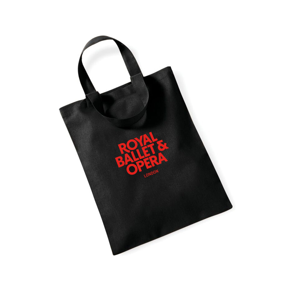 Small black tote bag with red text &#39;Royal Ballet &amp; Opera London&#39; on a white background