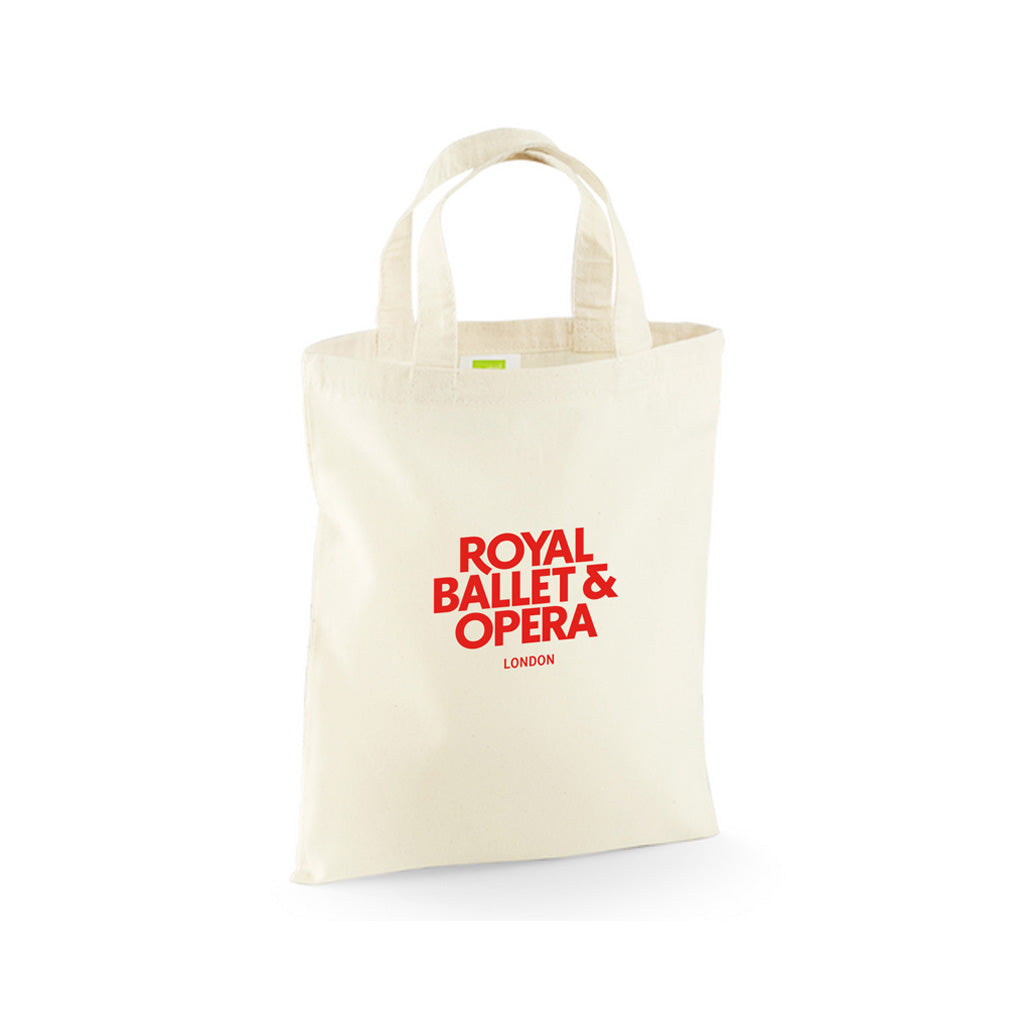 Small cream tote bag with &#39;Royal Ballet &amp; Opera London&#39; text in red on a white background