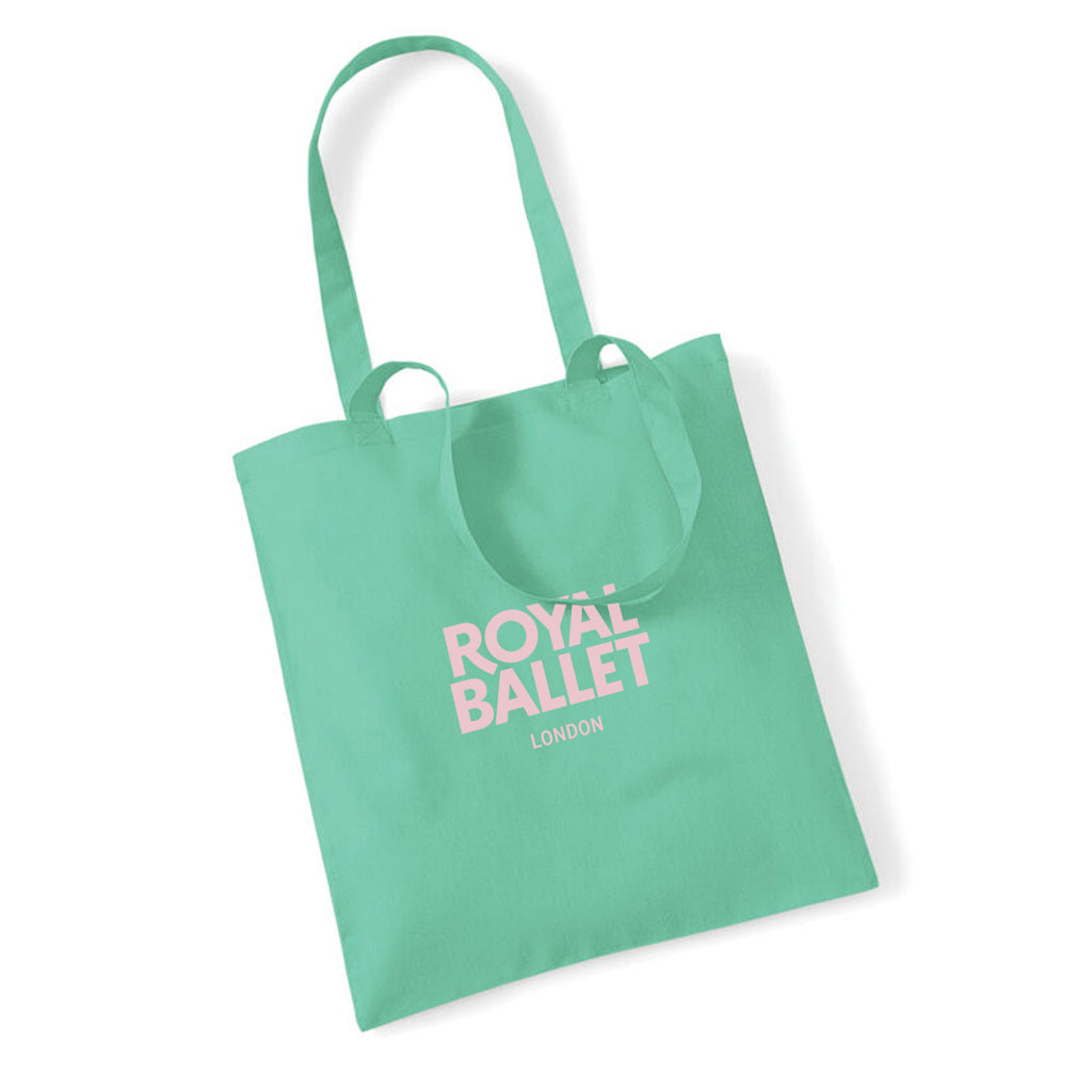 Mint green tote bag with &#39;Royal Ballet London&#39; text on a white background