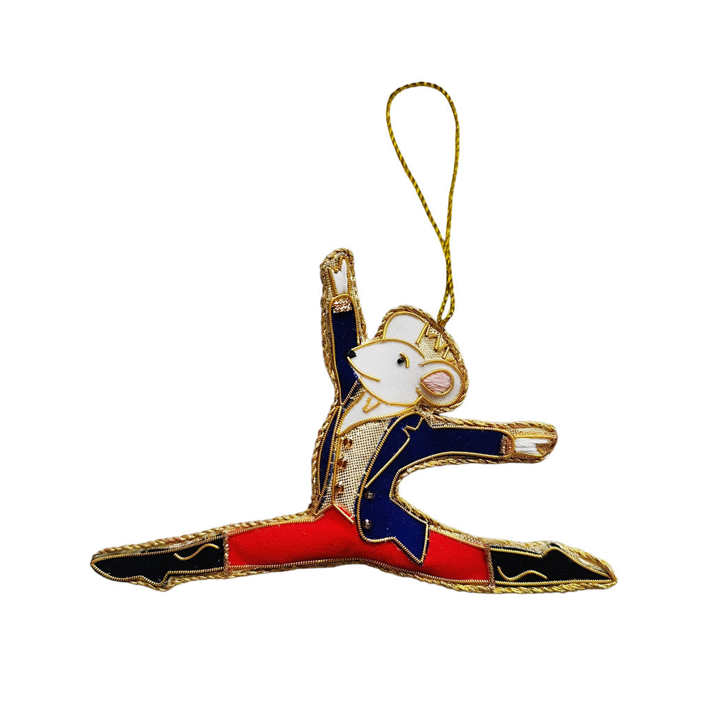 mouse king decoration wearing a red, gold and blue outfit with gold thread detail on white background