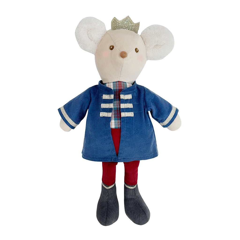 Mouse king doll with a glittery gold crown, an oversized blue cord guard jacket, plaid top, red cord trousers with grey boot on w white background