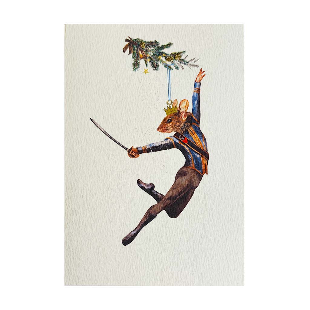 A greeting card featuring a whimsical illustration of a mouse dressed in a blue and gold uniform with a crown, leaping while holding a sword and a decorated fur tree branch, set against a textured off-white background.