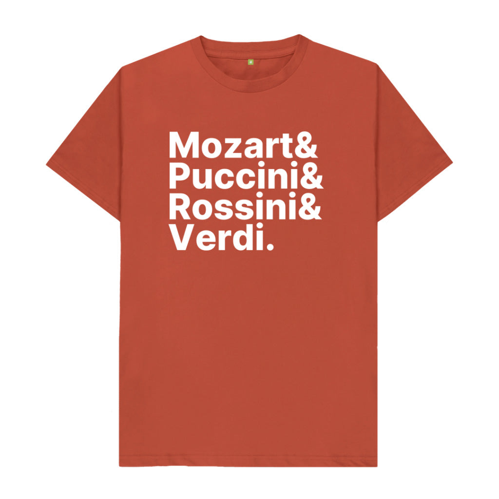 Rust orange t-shirt with white text listing famous composers on a white 