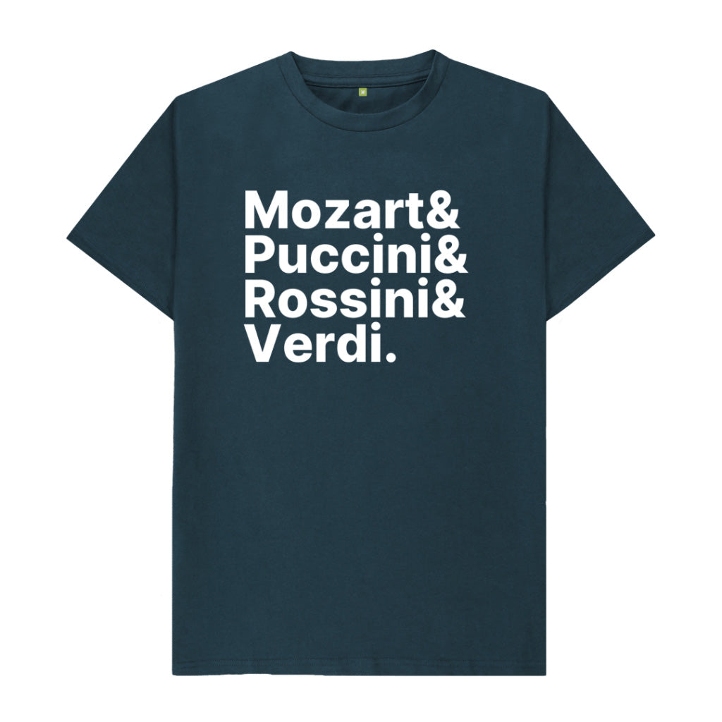 Navy blue t-shirt with white text listing famous composers on a white background