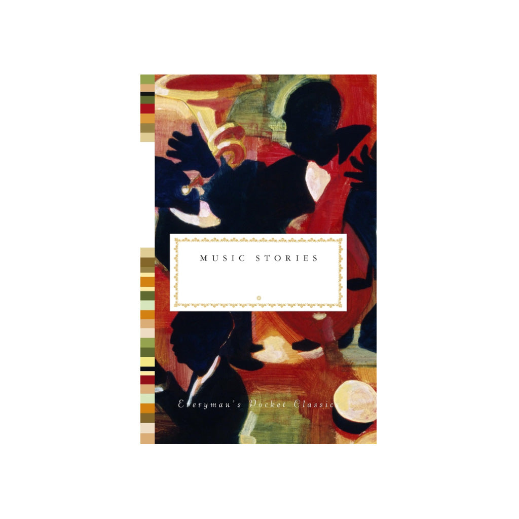 The book cover of 'Music Stories' by Everyman's Pocket Classics, featuring an abstract painting of two figures in black and red tones with a central white title box.