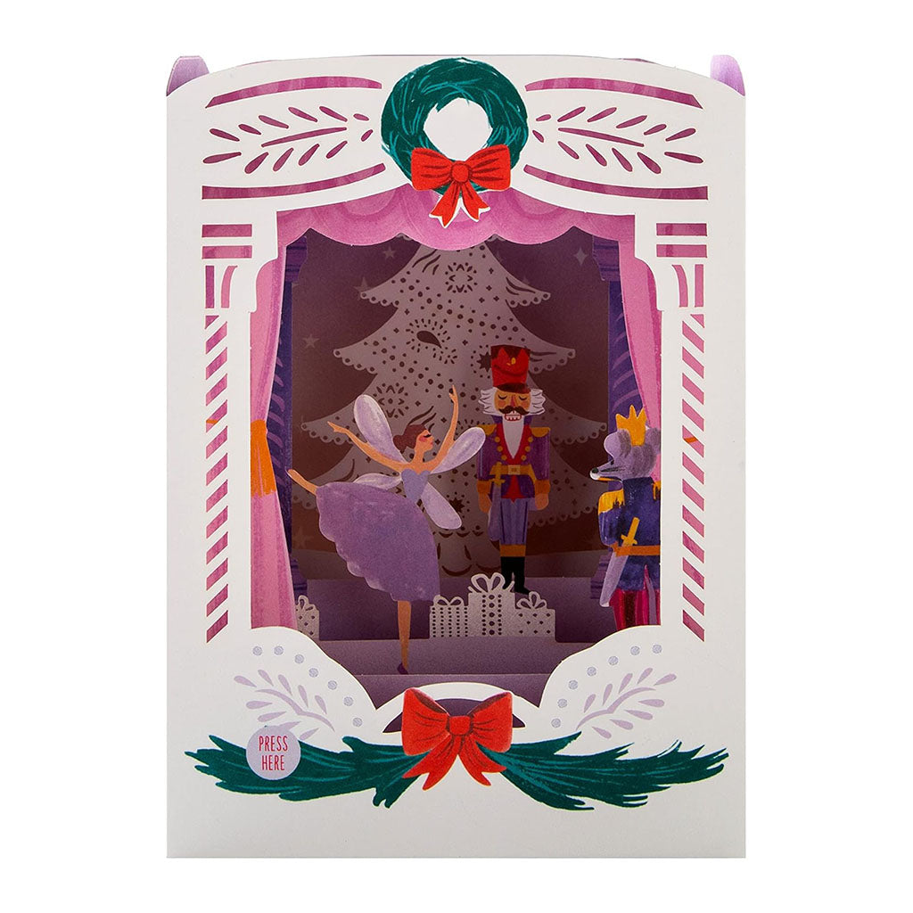 Front of the decorative Nutcracker 3D Card with tree, wreath, nutcracker, mouse king and Dancer on a white background