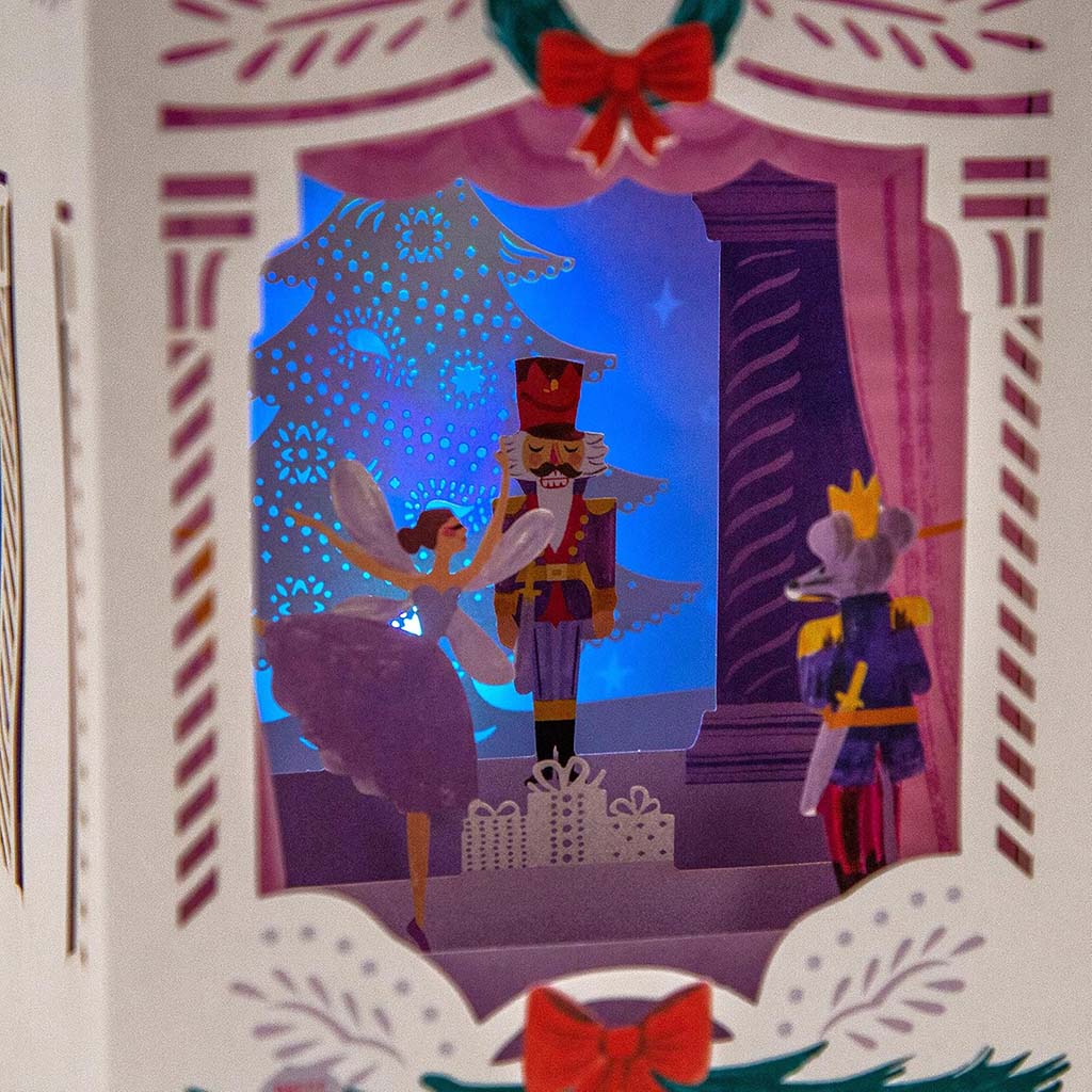 Inside the 3D Nutcracker Card stage  scene with fairy, nutcracker, and mouse king lit n a window display.