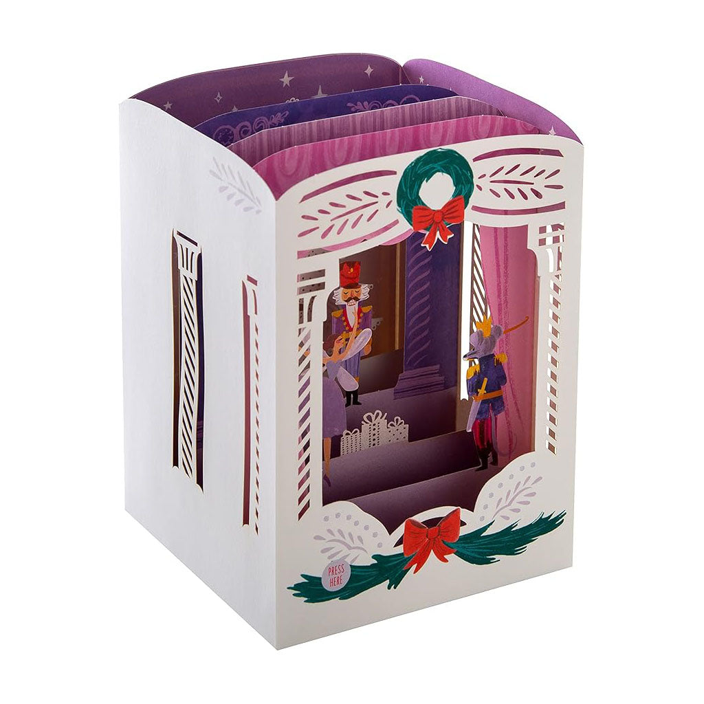 Decorative Nutcracker £D Card with festive design featuring characters and wreaths  from the ballet on a white background