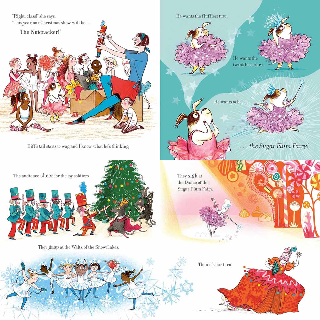 inside pages of the Muttcracker book with text and illustrations 