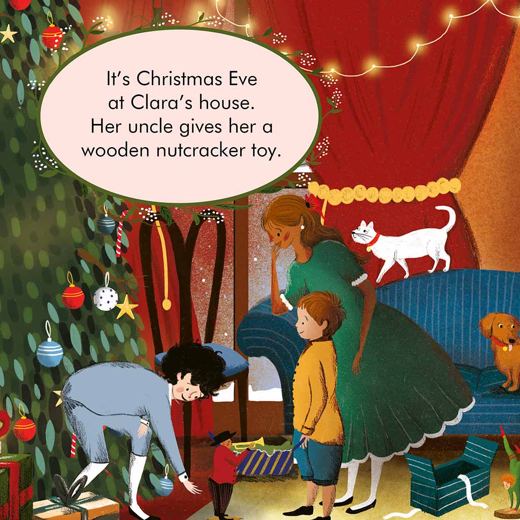 Christmas Tree with children and cat lustration inside My First Story Orchestra Book: The Nutcracker