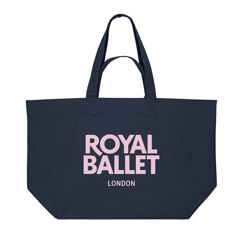 navy shopper bag with pink text 'Royal Ballet London' on a white background