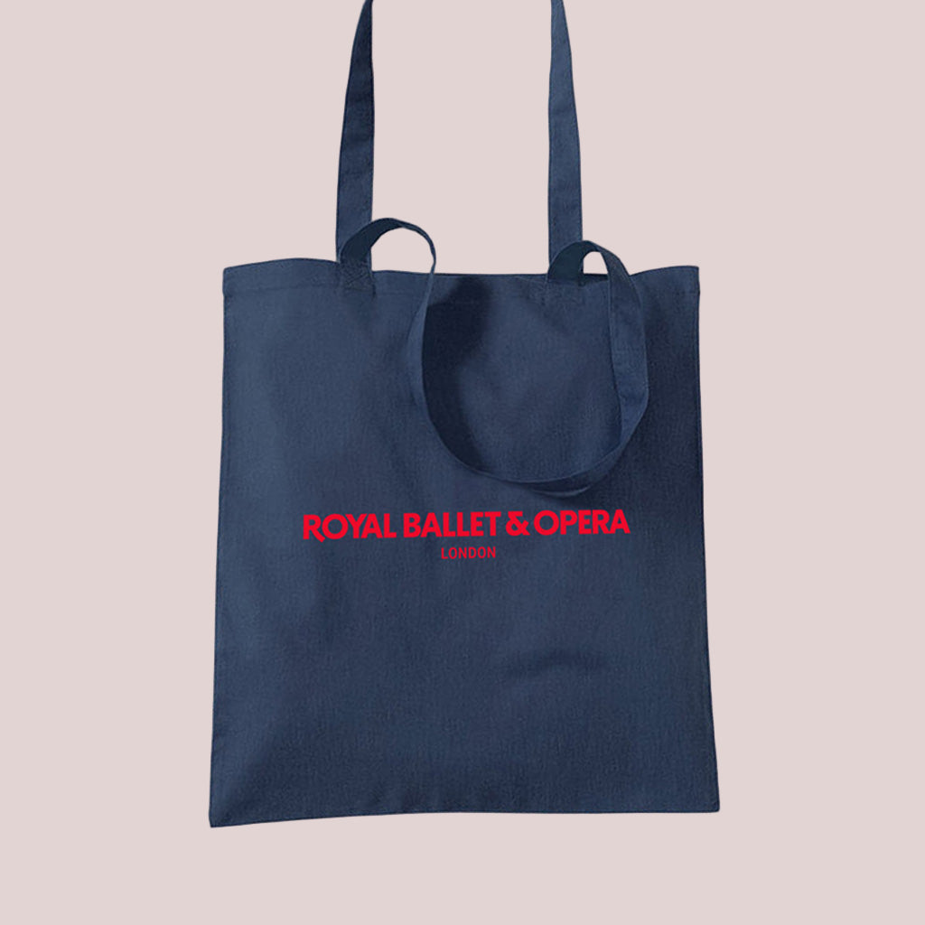 Navy Tote with red text 'Royal Ballet & Opera London' on a white background