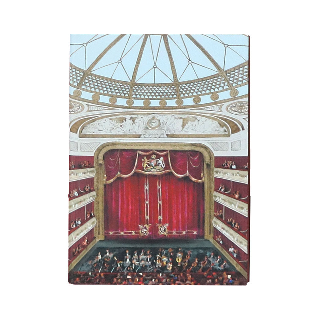 a5 Leather bound notebook featuring the red velvet curtains for the Auditorium at the Royal Opera House