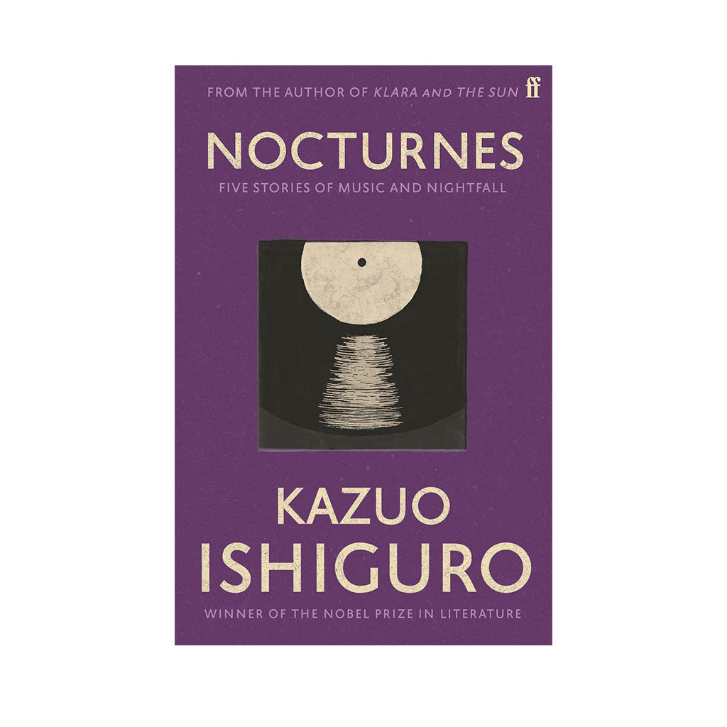 Book cover of 'Nocturnes' by Kazuo Ishiguro, featuring a deep purple background with cream-coloured text and a central graphic of a moon and sound waves on a black square.
