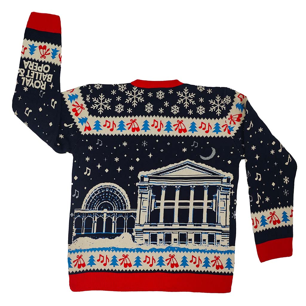 Back view of RBO Christmas jumper with festive ballet and opera design on a white background