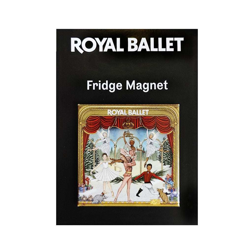 Nutcracker fridge magnet with scene from the ballet on a black card with Royal Ballet in white text on a white background