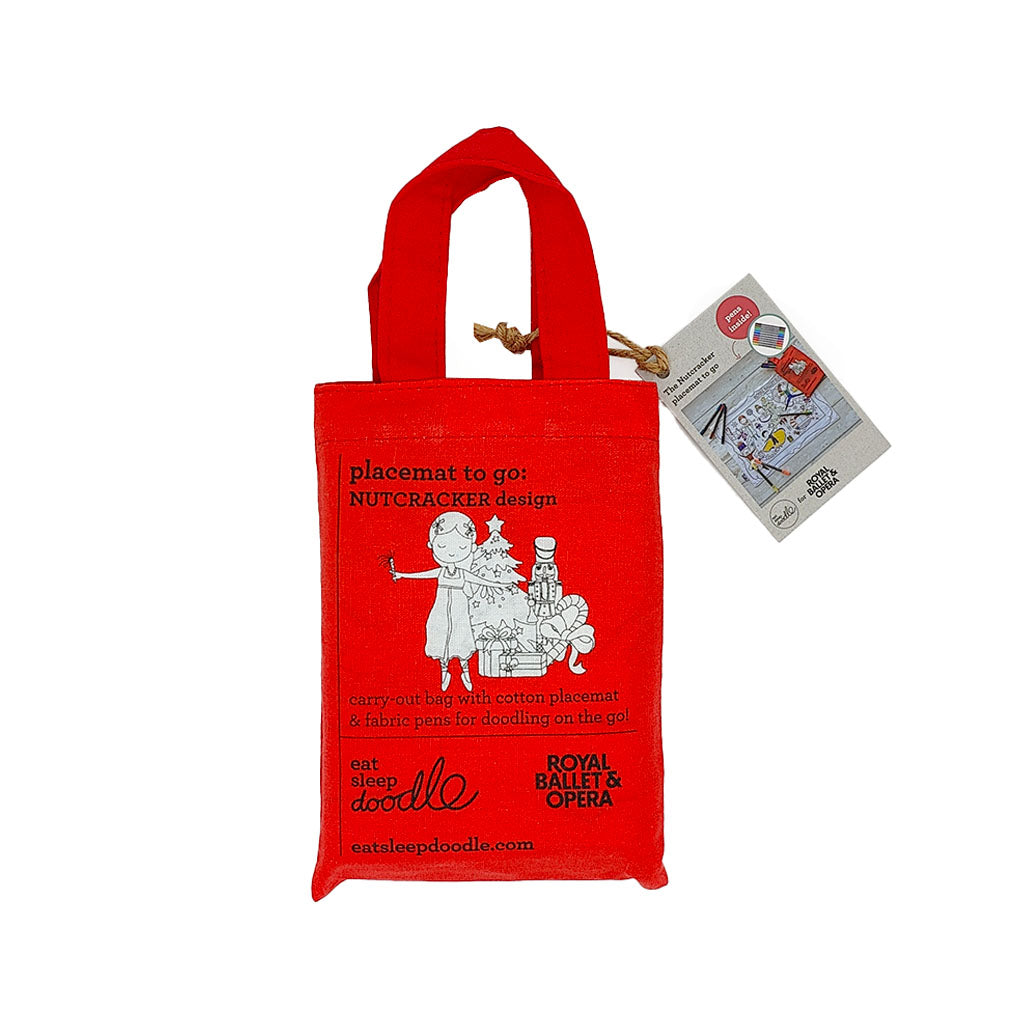 Mini red tote bag with white Nutcracker design and text on a white background