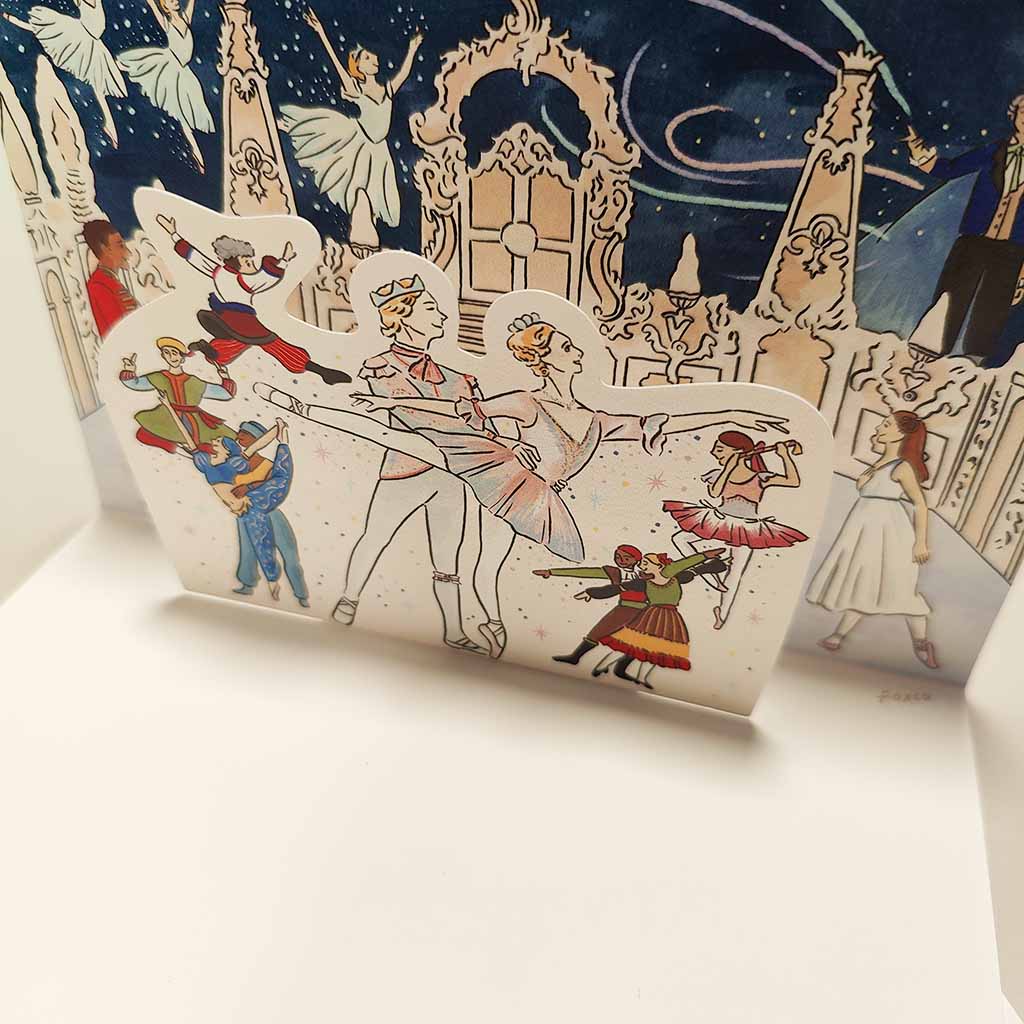 Greeting card with a Nutcracker ballet design and 'Royal Ballet London' text on a white background